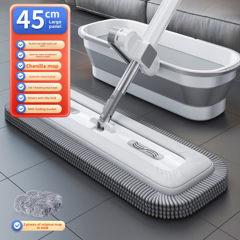 Chenille Hands-Free Mop 45CM Flat Mop Dry and Wet Dual-Use Lazy Household Large Floor Mop with Foldable Bucket