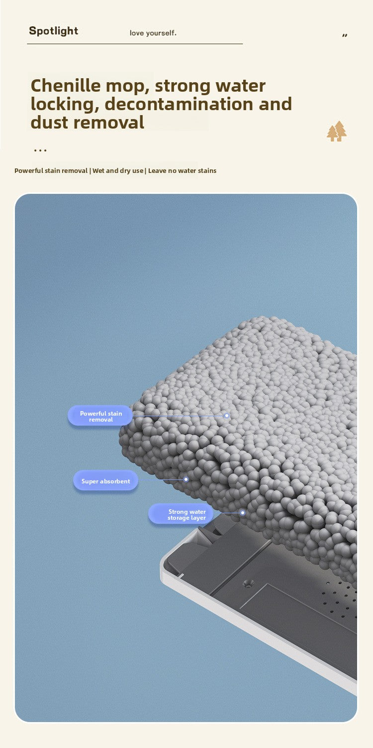 Chenille Hands-Free Mop 45CM Flat Mop Dry and Wet Dual-Use Lazy Household Large Floor Mop with Foldable Bucket