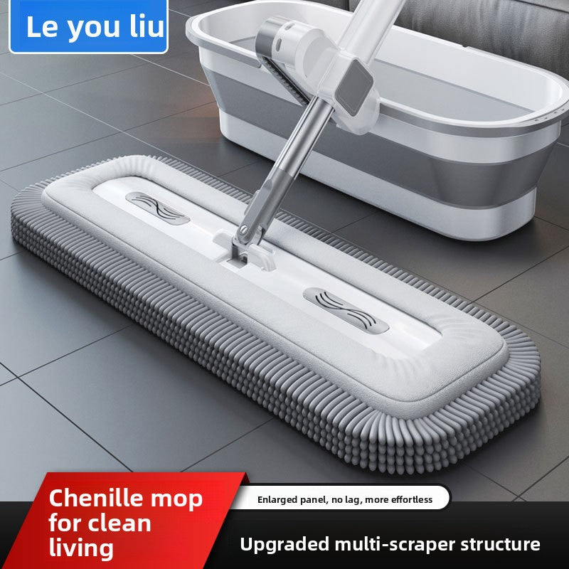 Chenille Hands-Free Mop 45CM Flat Mop Dry and Wet Dual-Use Lazy Household Large Floor Mop with Foldable Bucket