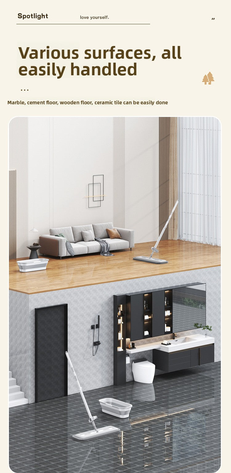 Chenille Hands-Free Mop 45CM Flat Mop Dry and Wet Dual-Use Lazy Household Large Floor Mop with Foldable Bucket