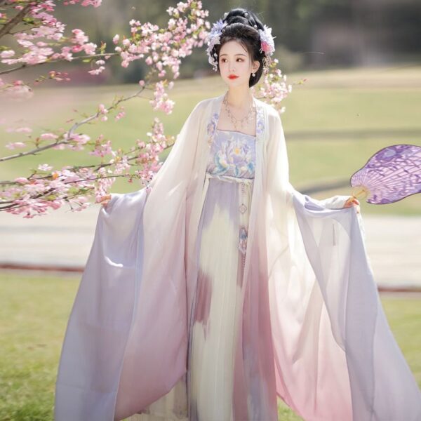 Purple Hanfu with Embroidery - One-Piece Cheongsam and Oversized Sleeve Shirt