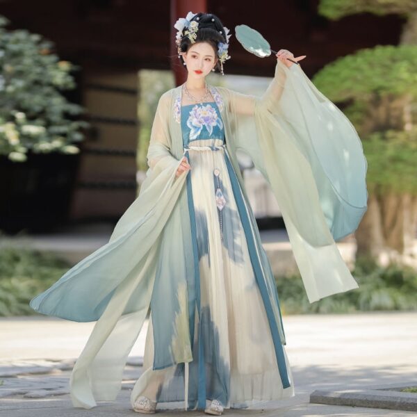 Purple Hanfu with Embroidery - One-Piece Cheongsam and Oversized Sleeve Shirt