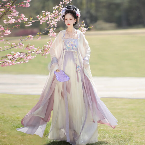 Purple Hanfu with Embroidery - One-Piece Cheongsam and Oversized Sleeve Shirt