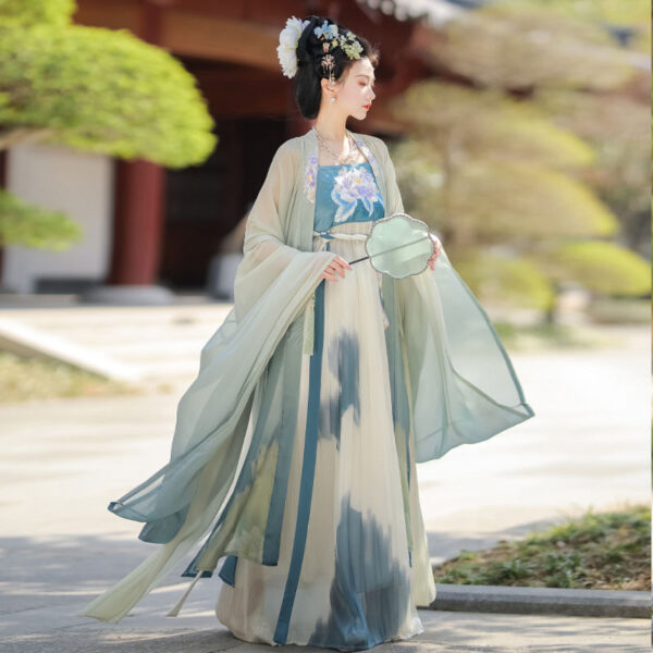 Purple Hanfu with Embroidery - One-Piece Cheongsam and Oversized Sleeve Shirt